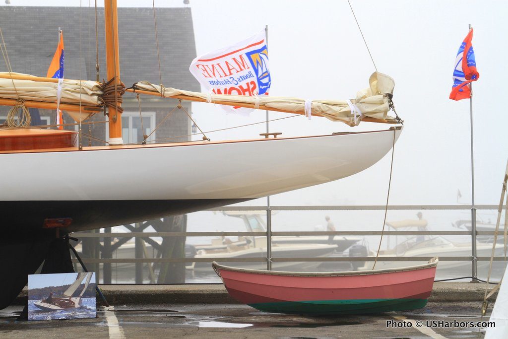 A brand-new, classic Herreshoff sloop built by Artisan Boatworks on display at the Maine Boats, Homes & Harbors Show.
