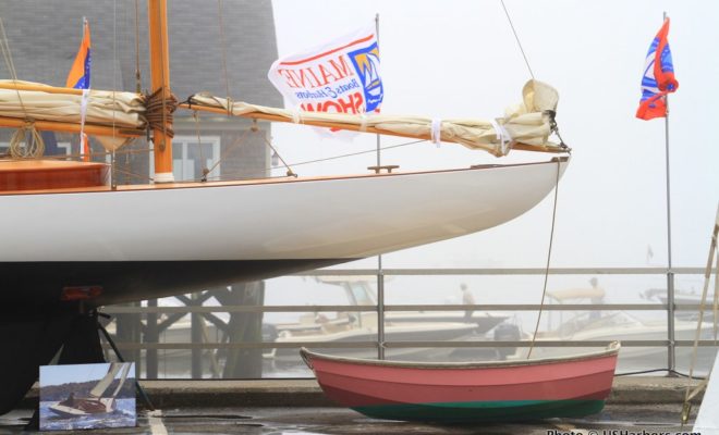 A brand-new, classic Herreshoff sloop built by Artisan Boatworks on display at the Maine Boats, Homes & Harbors Show.