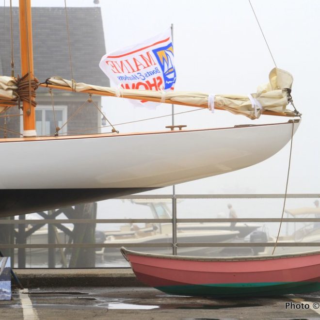 A brand-new, classic Herreshoff sloop built by Artisan Boatworks on display at the Maine Boats, Homes & Harbors Show.