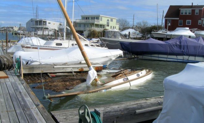 A Marshall Catboat that bore the brunt of Hurricane Sandy. It will, hopefully, be repaired and sail the bay once again.