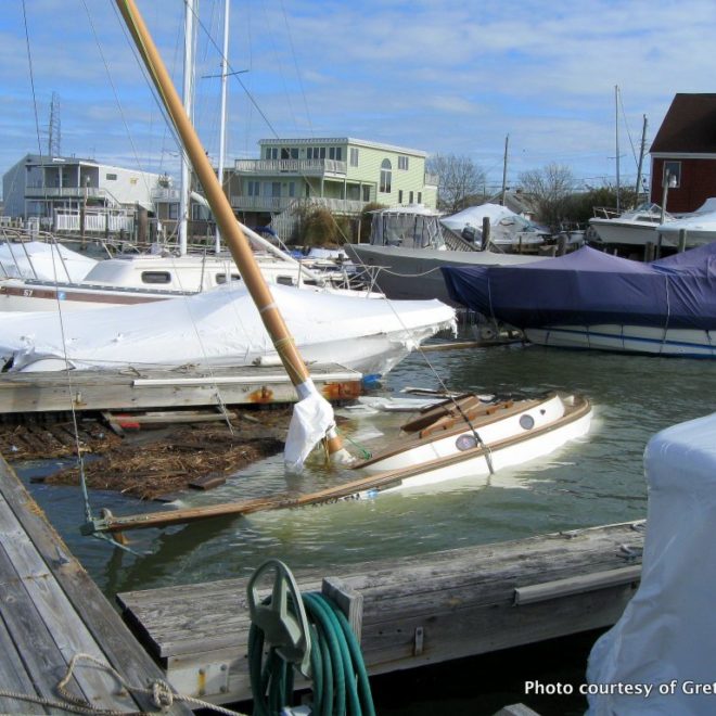 A Marshall Catboat that bore the brunt of Hurricane Sandy. It will, hopefully, be repaired and sail the bay once again.