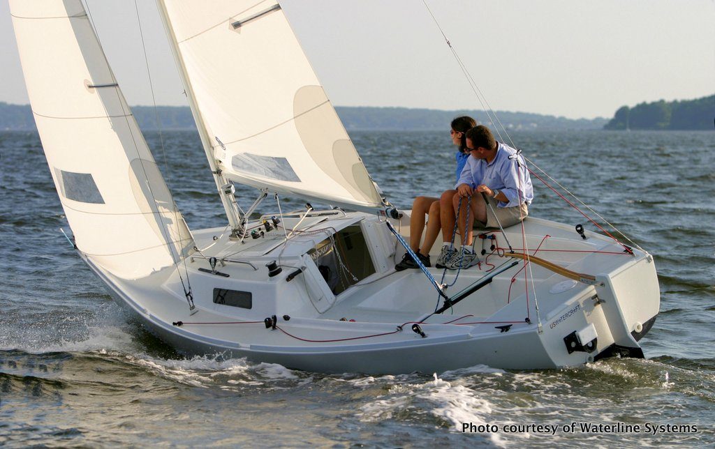 A J22 built by Waterline Systems, sailing in Narragansett Bay.