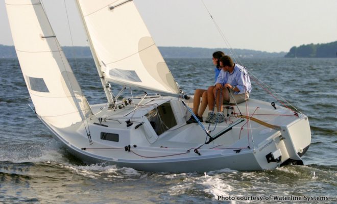 A J22 built by Waterline Systems, sailing in Narragansett Bay.