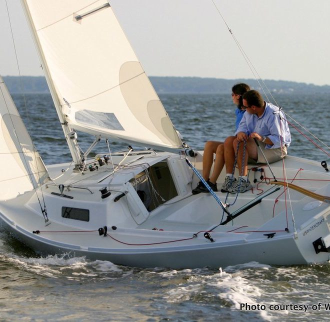 A J22 built by Waterline Systems, sailing in Narragansett Bay.