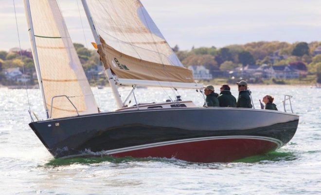 The new e33LM, built by Lyman-Morse Boatbuilding, makes a few practice tacks before winning the 2014 Figawi Race.