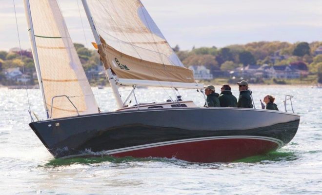 The new e33LM, built by Lyman-Morse Boatbuilding, makes a few practice tacks before winning the 2014 Figawi Race.