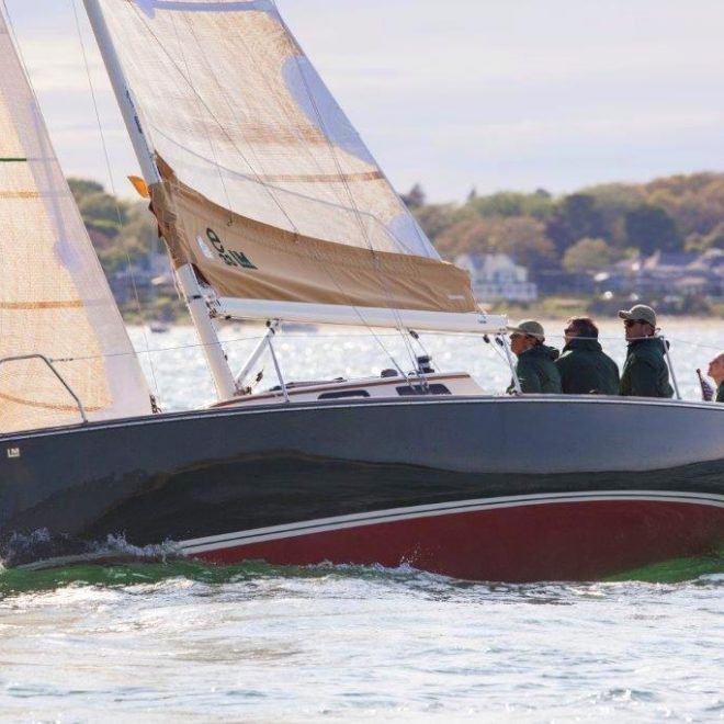 The new e33LM, built by Lyman-Morse Boatbuilding, makes a few practice tacks before winning the 2014 Figawi Race.