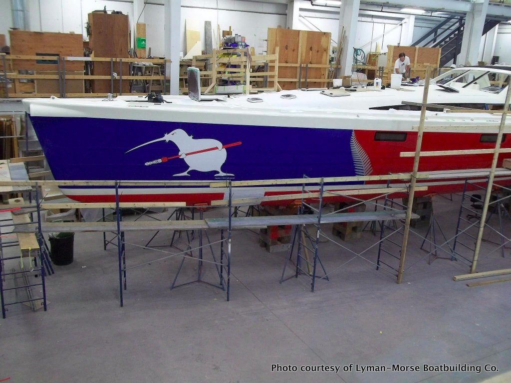 KIWI SPIRIT, a 63' sailing yacht being built at Lyman-Morse Boatbuilding Co. in Thomaston, is nearing its launch date.