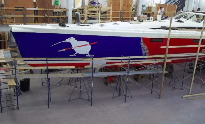 KIWI SPIRIT, a 63' sailing yacht being built at Lyman-Morse Boatbuilding Co. in Thomaston, is nearing its launch date.