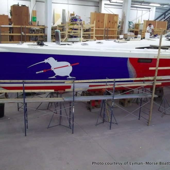 KIWI SPIRIT, a 63' sailing yacht being built at Lyman-Morse Boatbuilding Co. in Thomaston, is nearing its launch date.