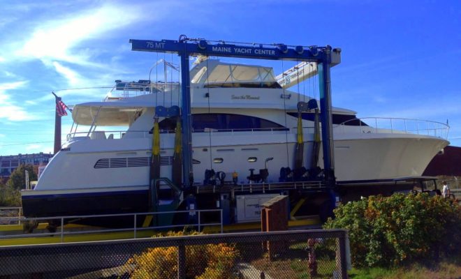 SEAS THE MOMENT, a 81-foot motor yacht hauled recently at Maine Yacht Center.