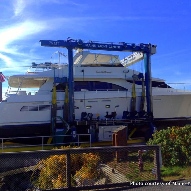 SEAS THE MOMENT, a 81-foot motor yacht hauled recently at Maine Yacht Center.