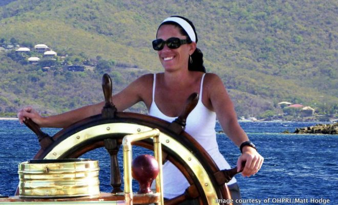 Michelle Bush steers the tall ship Gazela Primeiro.