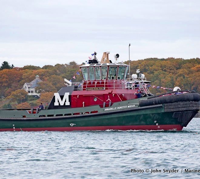 Shortly after launch, ANNABELLE DOROTHY MORAN is towed to her berth at Washburn & Doughty for completion.