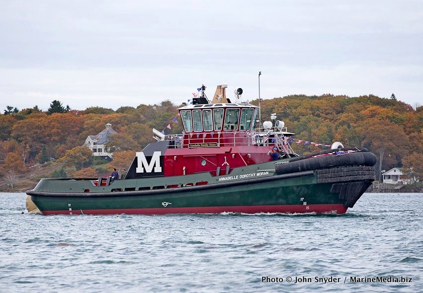 Shortly after launch, ANNABELLE DOROTHY MORAN is towed to her berth at Washburn & Doughty for completion.