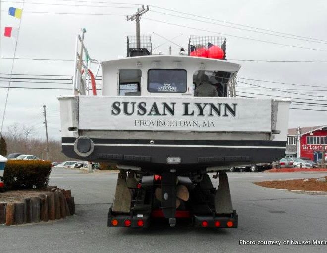 Sporting its new drop-down tailgate that will allow its owner to set more traps, Susan Lynn leaves Nauset Marine.