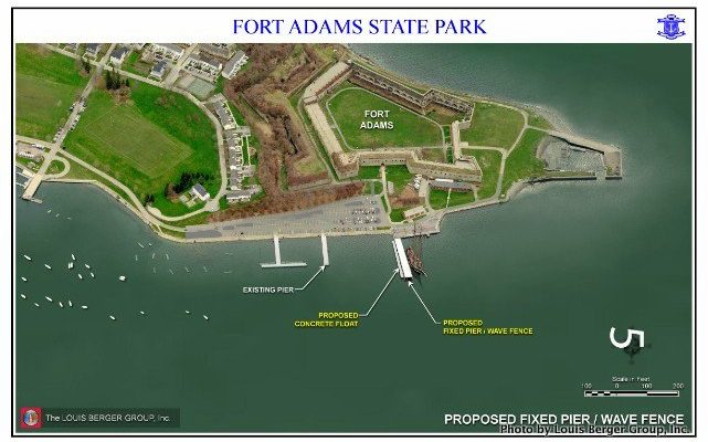 Aerial view of “wave attenuator” proposed for Fort Adams in Newport, RI, showing the new berth for the SSV Oliver Hazard Perry.