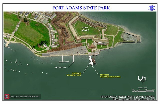 Aerial view of “wave attenuator” proposed for Fort Adams in Newport, RI, showing the new berth for the SSV Oliver Hazard Perry.