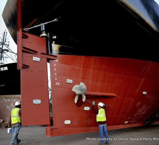 The SSV Oliver Hazard Perry gets a bottom job in December before being towed to Senesco Marine.Photo by Matt Gineo.