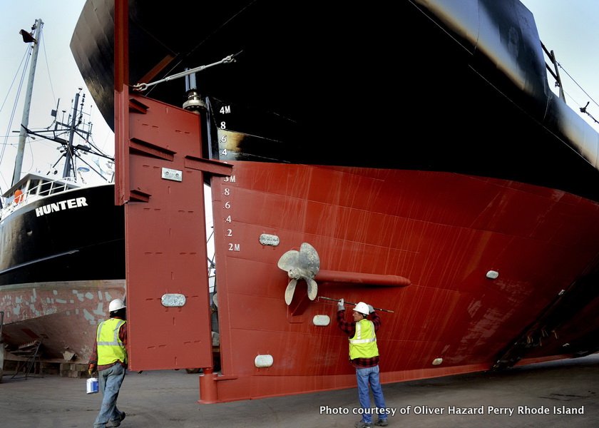 The SSV Oliver Hazard Perry gets a bottom job in December before being towed to Senesco Marine.Photo by Matt Gineo.