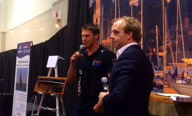 America's Cup sailor and Newport native Rome Kirby accepts the Boater of the Year award at the Providence Boat Show on Jan. 31.