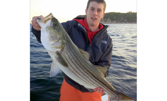 My son Ben with a nice keeper striper that he landed off Block Island.