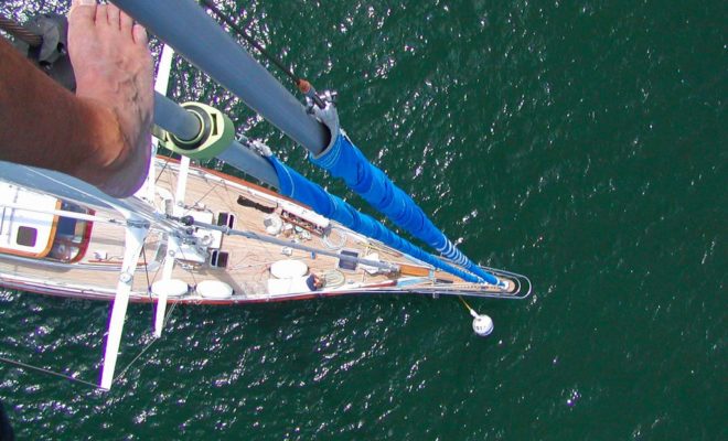 The view from aloft aboard 70' ketch NO NONSENSE, moored at Portland Yacht Services.