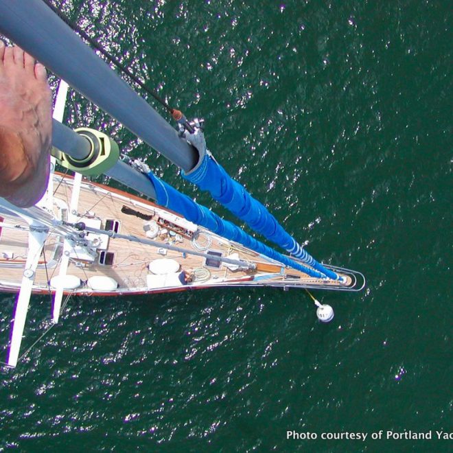 The view from aloft aboard 70' ketch NO NONSENSE, moored at Portland Yacht Services.