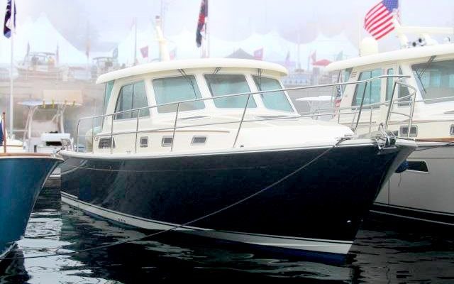 Sabre Yachts' newest model, the Sabre 38 Salon Express, at the dock in Rockland for the Maine Boats, Homes & Harbors Show.