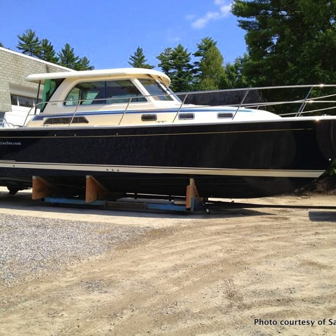 The brand-new Sabre 38 Salon Express is moved outside and prepared for transport.