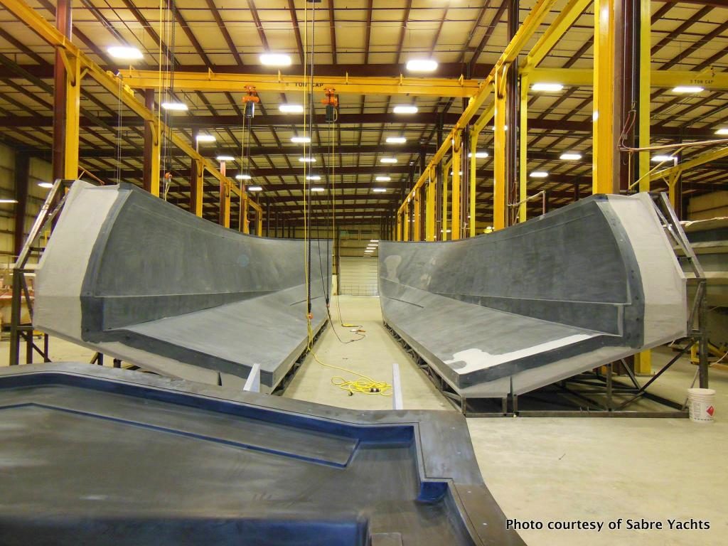 The two massive hull mold pieces that will be the basis of the Sabre 66 show the size of this new yacht.