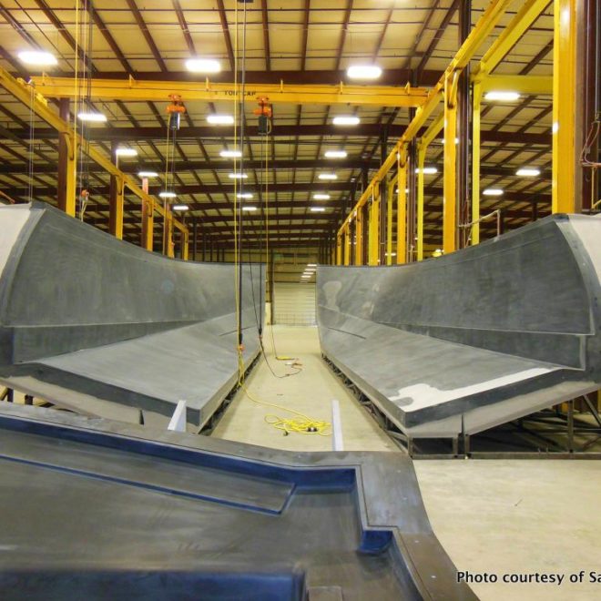 The two massive hull mold pieces that will be the basis of the Sabre 66 show the size of this new yacht.