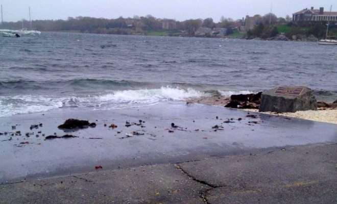 Ramp at Sail Newport, looking into Brenton Cove, on the morning of October 29 as the first impacts of Hurricane Sandy were felt.