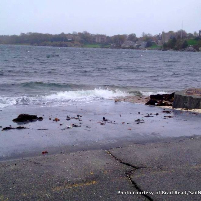 Ramp at Sail Newport, looking into Brenton Cove, on the morning of October 29 as the first impacts of Hurricane Sandy were felt.