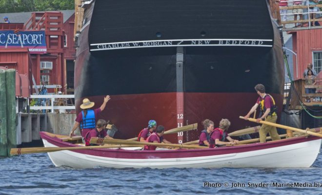 Meeting the mothership. The Whaleboat arrives at the Charles W. Morgan in Mystic Seaport.