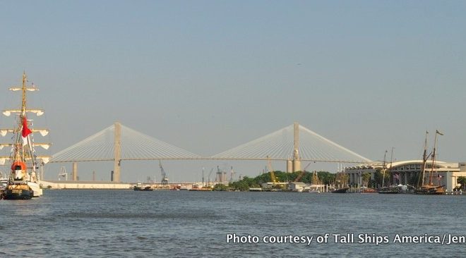 The 191-foot Barquentine Dewaruci (Surbaya, Indonesia) and Nova Scotia’s Theodore Tug docked in Savannah, Ga.