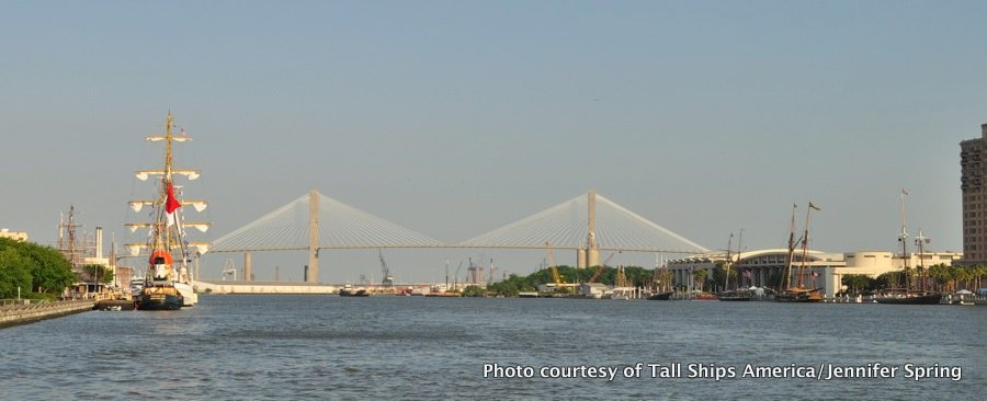 The 191-foot Barquentine Dewaruci (Surbaya, Indonesia) and Nova Scotia’s Theodore Tug docked in Savannah, Ga.