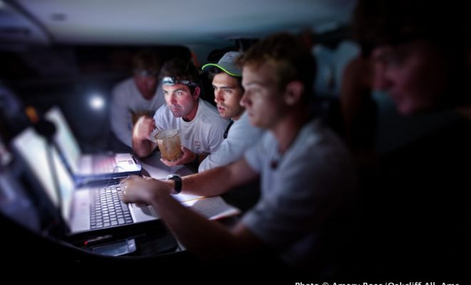 Charlie Enright and Mark Towill during the Transatlantic Race 2011 onboard VANQUISH.