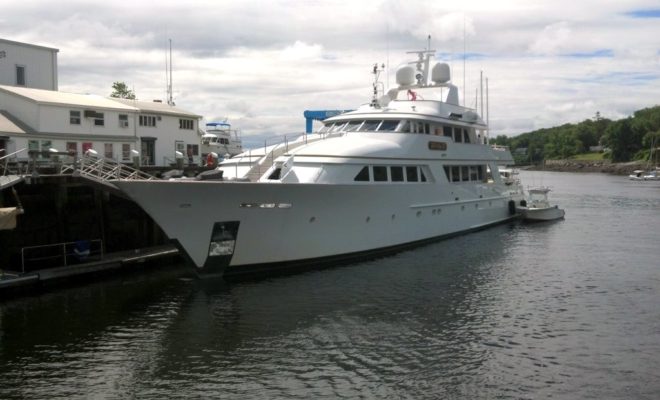 LADY J is a 142' Palmer Johnson motor yacht. She's spending some time at Wayfarer Marine before continuing downeast.
