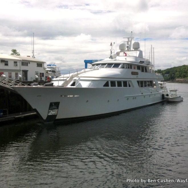 LADY J is a 142' Palmer Johnson motor yacht. She's spending some time at Wayfarer Marine before continuing downeast.