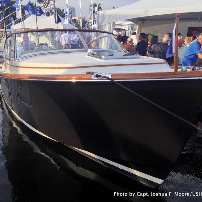 The Hinckley Company's new Talaria 34 Runabout commands a crowd, even at a busy boat show.