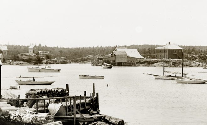 Corea Harbor, circa 1910. Rise of gas engines still over a decade away. Probably a seine boat at left