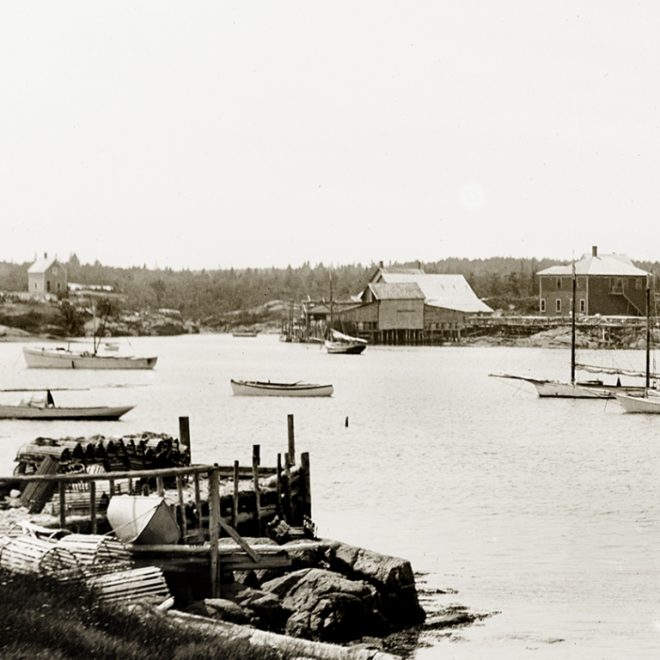 Corea Harbor, circa 1910. Rise of gas engines still over a decade away. Probably a seine boat at left