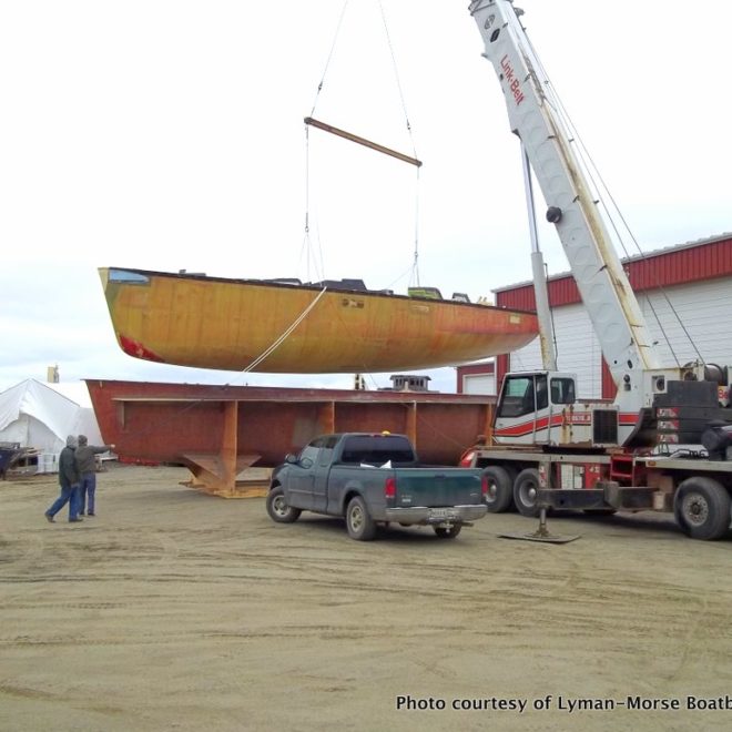 The Paris 63 "Kiwi Spirit" is pulled from its mold at Lyman-Morse Boatbuilding Co.