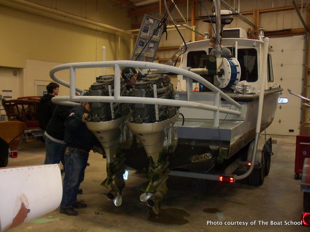 Marine engine installation and repair are part of the curriculum at The Boat School in Eastport, Maine.