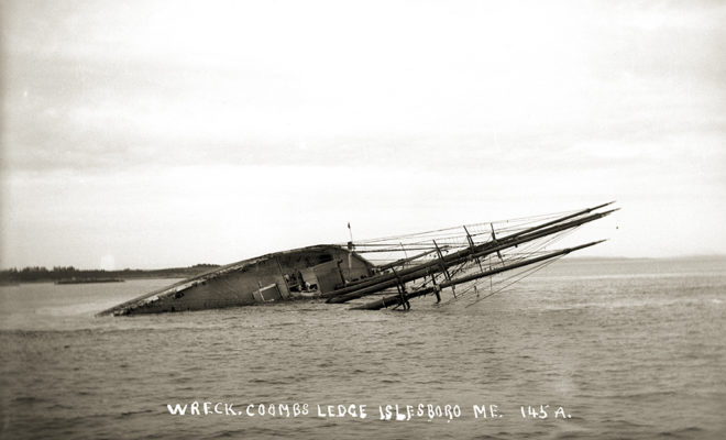 The ALICE E. CLARK, built in 1898, soon after her demise off eastern Islesboro, July 1st, 1909. Note the dinghy at center.