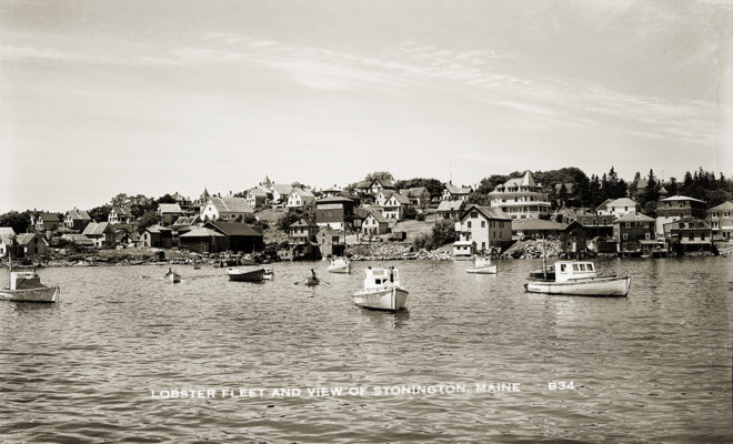 Lobster Boats in Stonington Harbor, unknown date. The opera house, still a fixture in Stonington today, is at center.