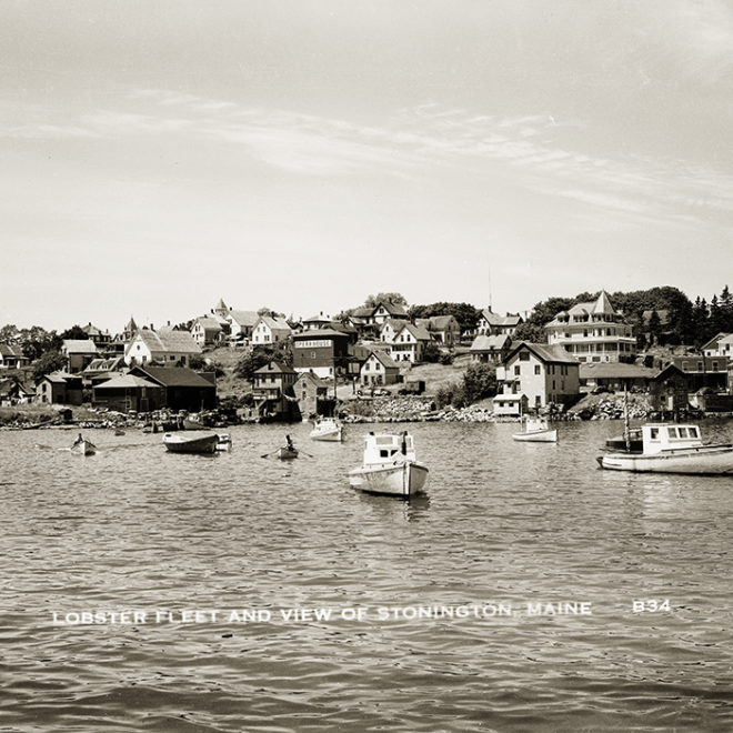 Lobster Boats in Stonington Harbor, unknown date. The opera house, still a fixture in Stonington today, is at center.