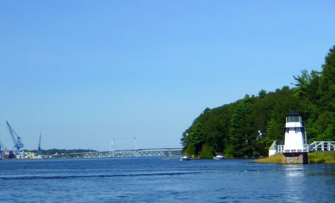 Approaching Bath from the south. Doubling Point Light is at right.