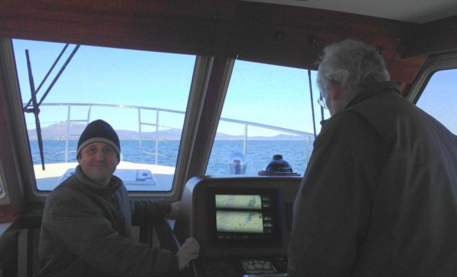 Lyman-Morse President Drew Lyman, at left, is all smiles during our mid-winter test drive.